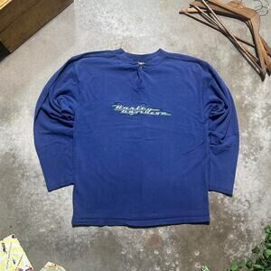 Vintage Y2K Harley Davidson Embroidered Henley Long Sleeve Tee Men XL Blue Shirt